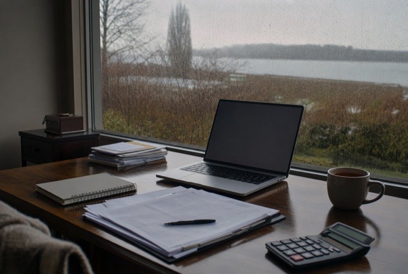 Tidy stacks of paper, a calculator and an open laptop on a desk while rain streaks the glass