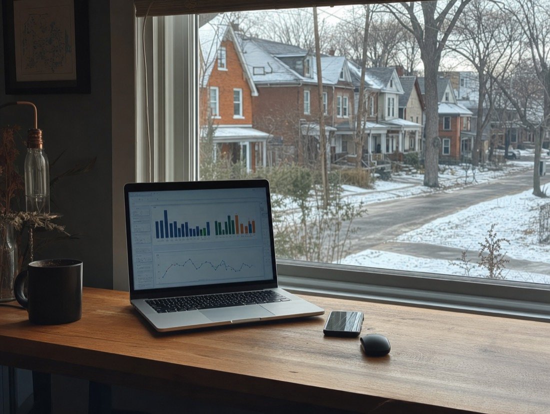 Ad performance graphs on an open laptop, snow-covered brick houses visible through the glass