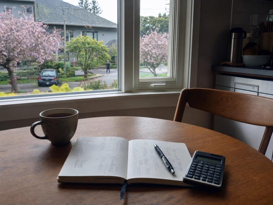 Handwritten figures in a notebook beside a calculator and a cup of tea on a kitchen table in the morning