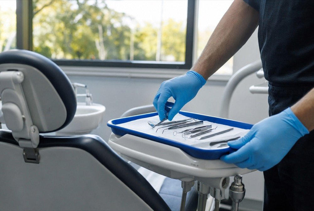 A dentist’s gloved hands laying out instruments beside a treatment chair, with trees visible through the window