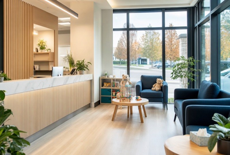 A bright family dental clinic reception area with a small corner for children