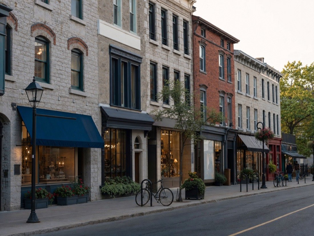 Independent shops in two- and three-storey stone and brick buildings with awnings, planters and parked bicycles