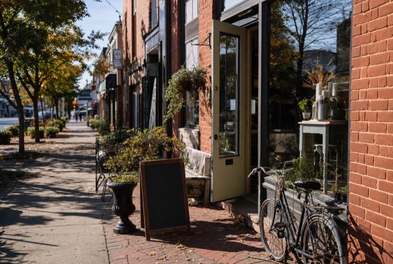 An independent shop in a red-brick heritage building, its front door propped open in autumn sunshine