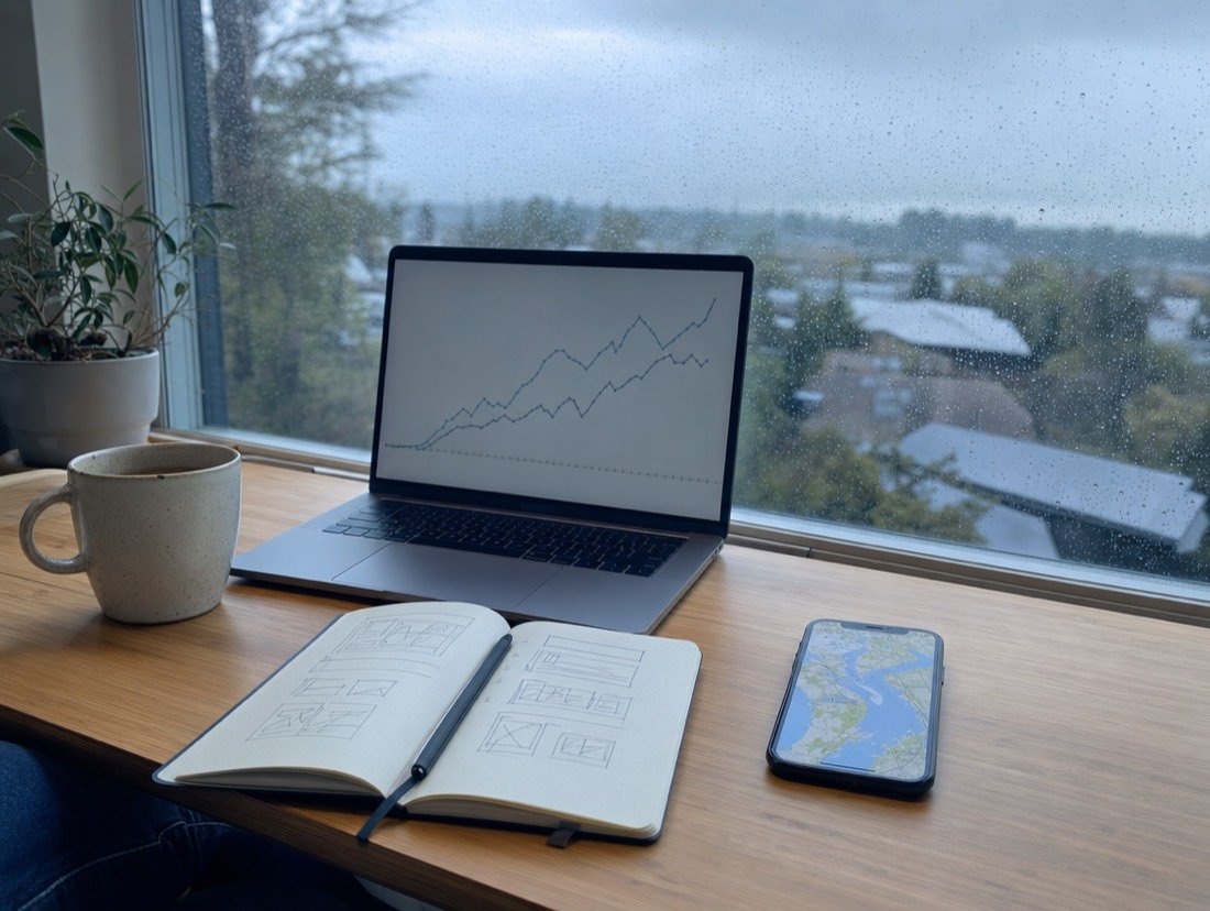 A laptop chart, a phone map and a sketchbook on a desk beside a rain-streaked window