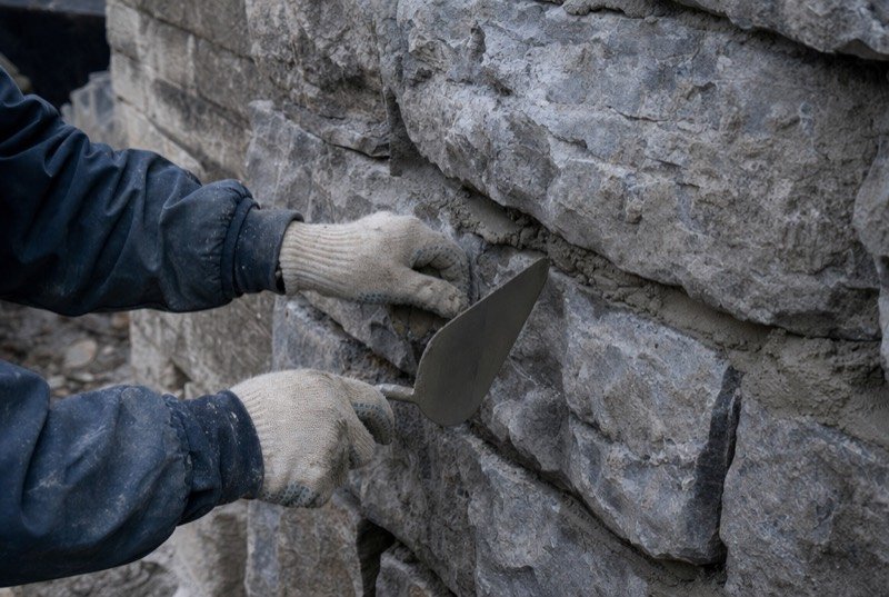 Gloved hands repointing mortar joints in an old grey limestone wall with a pointing trowel