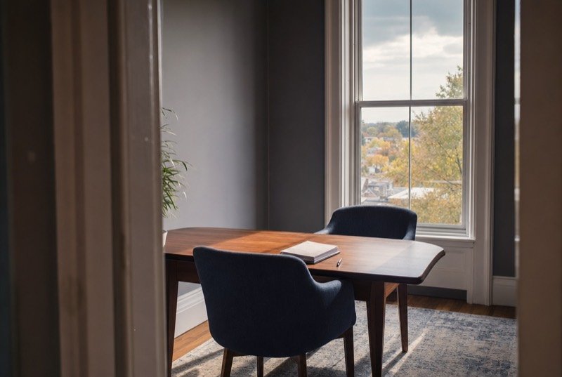 A small office meeting room with a table, chairs and a tall sash window