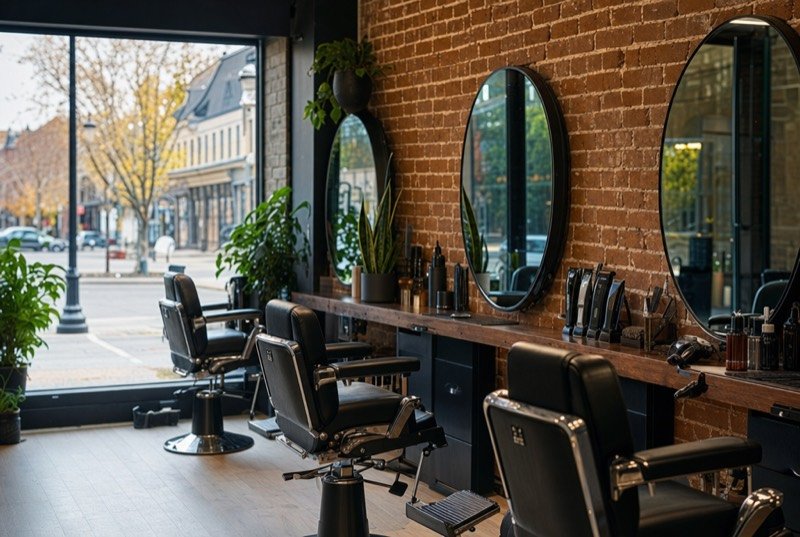 A bright neighbourhood hair salon with an exposed brick wall and styling chairs