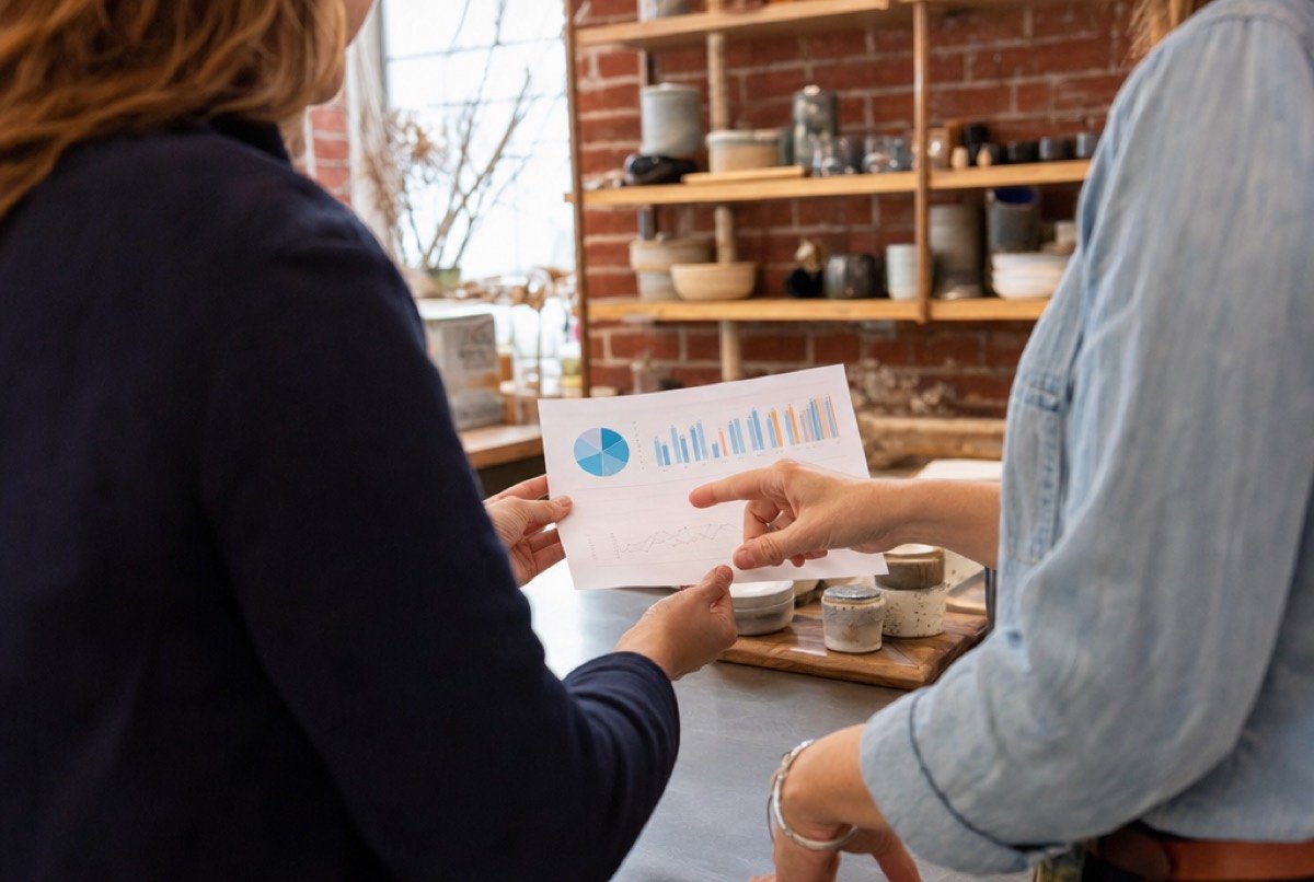 A shop owner and an advisor reading a printed one-page report at the counter of a red-brick shop