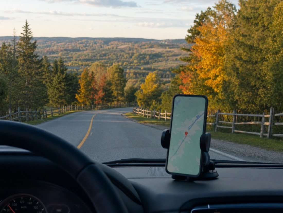 A phone in a car mount showing a map with a red pin, on a two-lane road lined with autumn trees