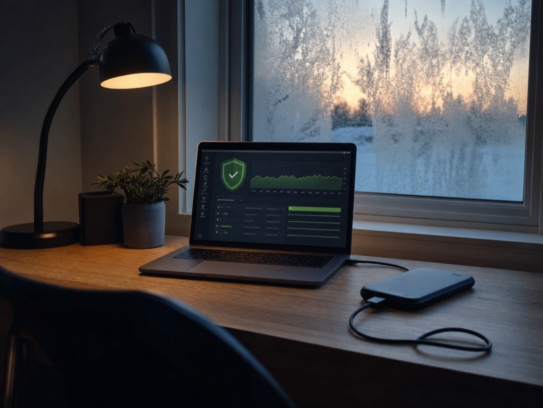 Shield icon and a flat uptime line on a laptop screen, a backup drive beside it and frost on the window