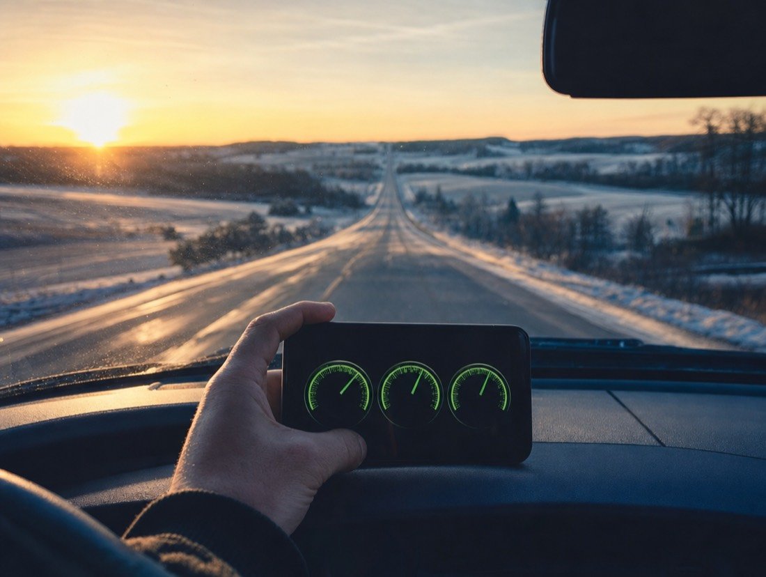 Three green speed dials on a phone held up against a sunrise highway crossing snowy fields