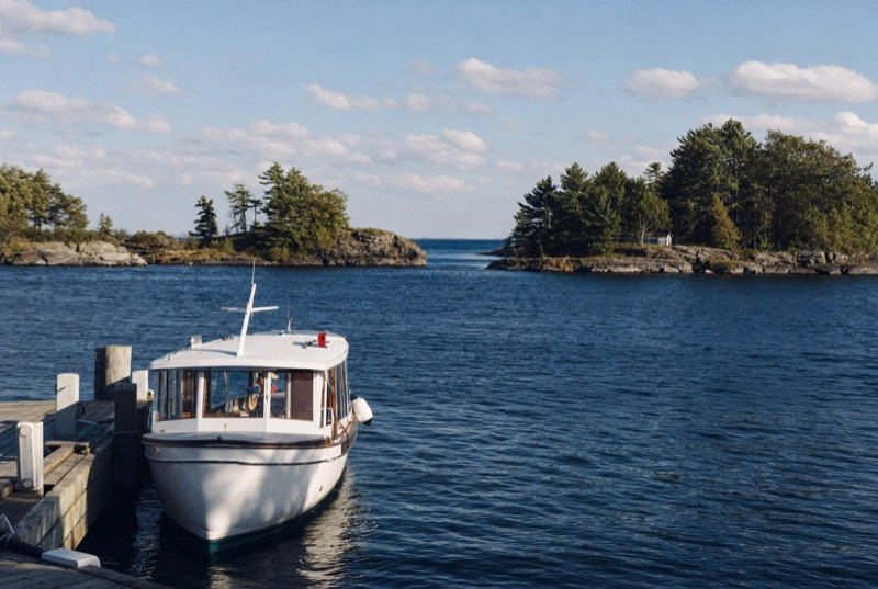 A small white sightseeing boat at a wooden dock, with low granite islands and pines across blue water