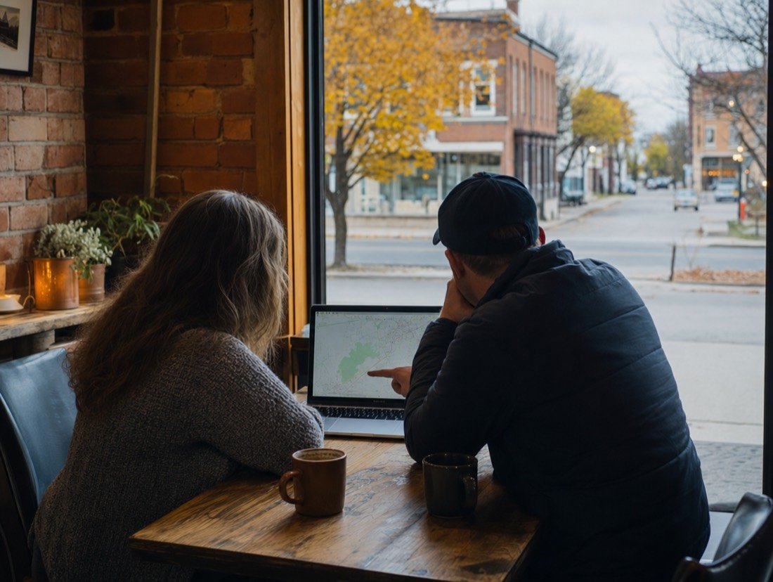 Two people at a café table beside a tall window, looking at a map on a laptop, with an exposed brick wall next to them
