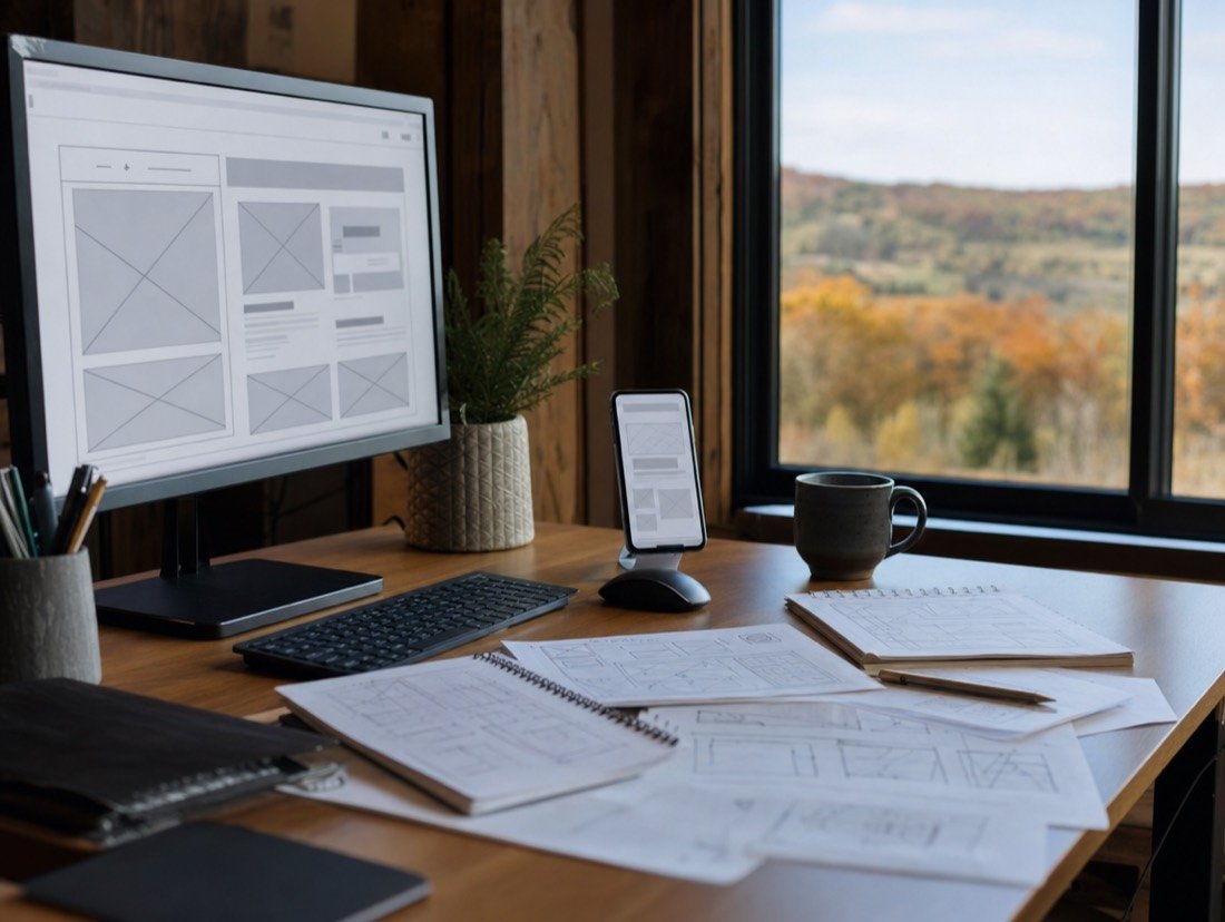 Grey page outlines on a monitor and phone, paper sketches spread on the desk, autumn leaves through the window
