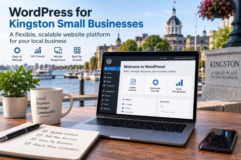 Graphic: “WordPress for Kingston Small Businesses”, with a laptop showing a WordPress dashboard on a desk by the water