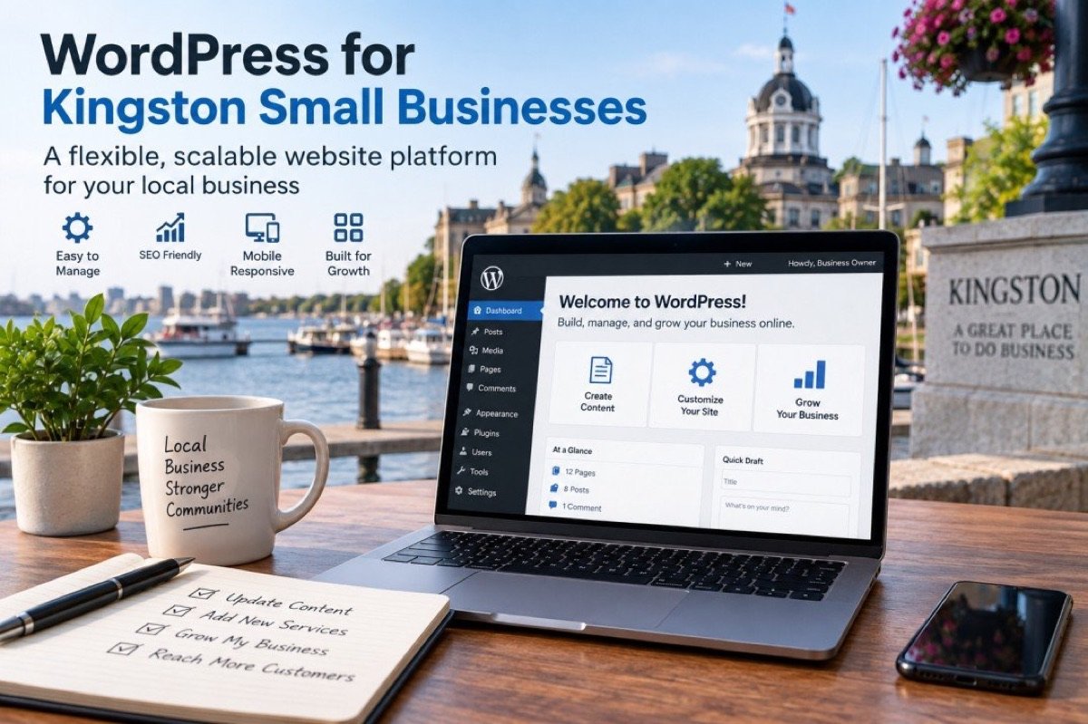 Graphic: “WordPress for Kingston Small Businesses”, with a laptop showing a WordPress dashboard on a desk by the water